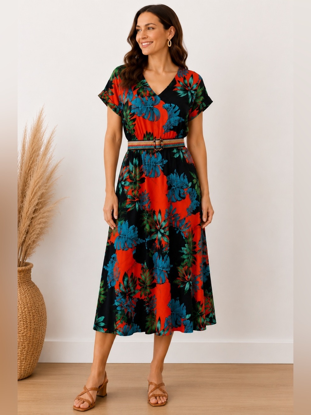 Hippocampe Tropical Leaf Print Midi Dress Belted Size 42 France